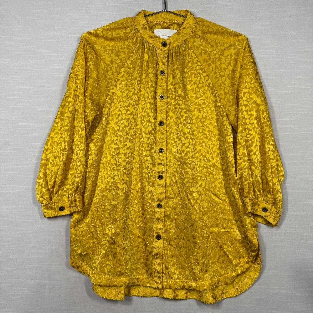 Anthropologie Jacquard Button Top Women XS Yellow Gold Textured Cottagecore Chic